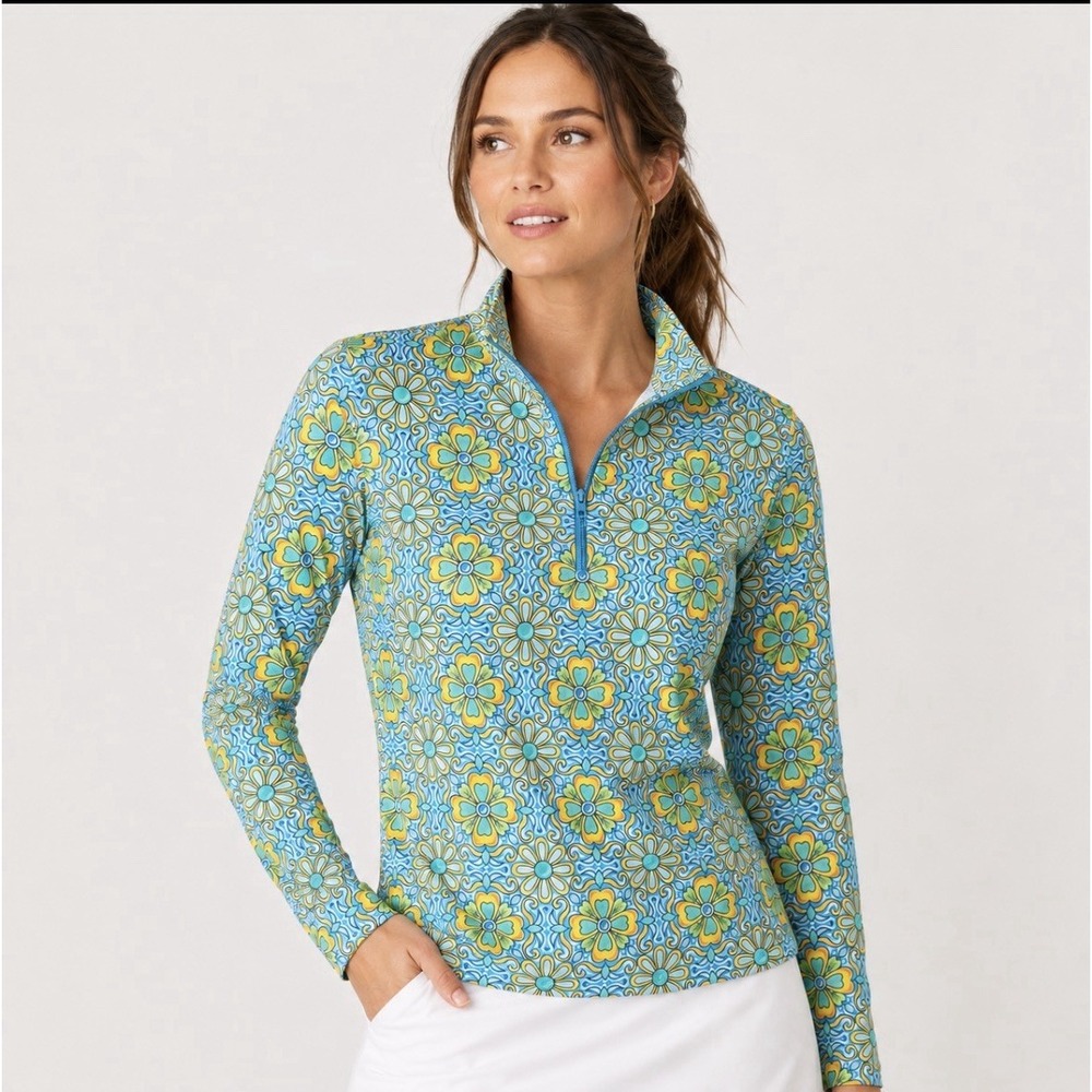 IBKUL Floral Print Quarter Zip Pullover Top Womens Large UPF 50 Blue Golf